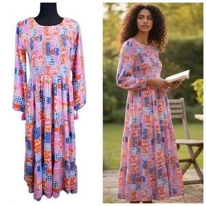 Briton Court Boho Chic Geometric Patchwork Midi Dress Sz Large Colorful Spring